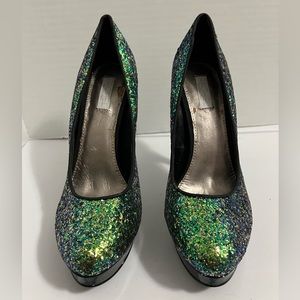 Green & Blue Glitter Round Toe Pumps with Platform. Rachel Roy Size 7.5